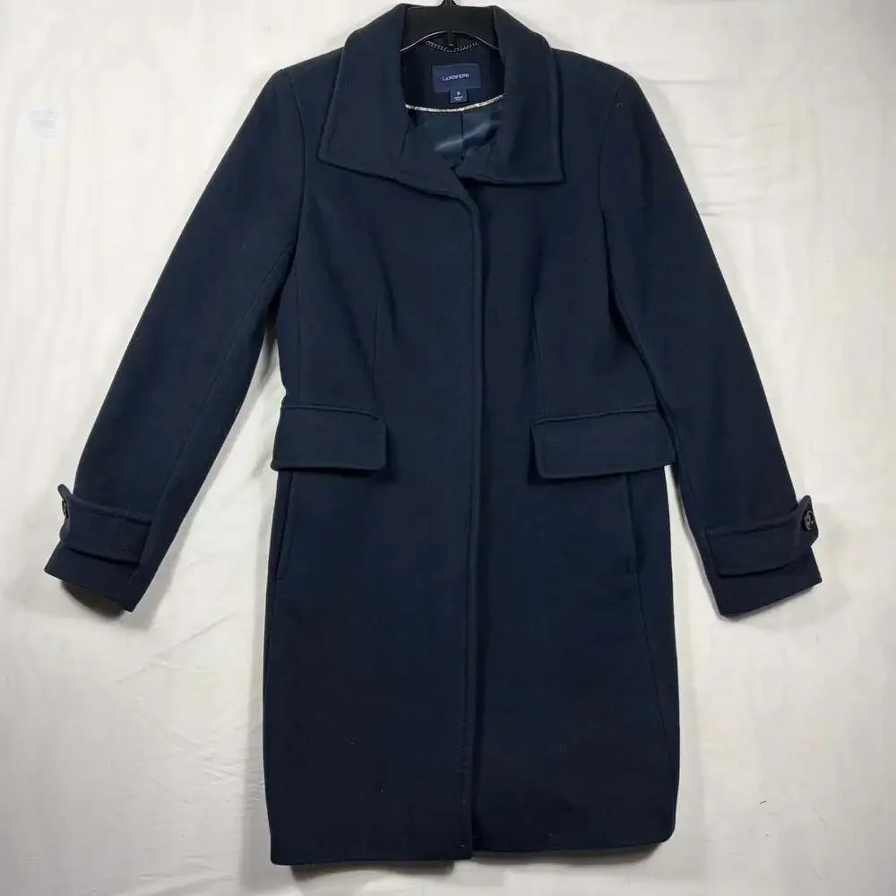Lands' End Women's Navy Blue Wool Cashmere Blend Stand Collar Coat